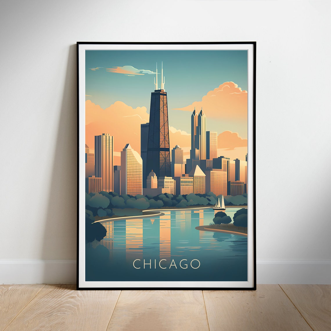 Chicago Skyline Golden Sunset Lakefront Reflection City Travel Poster
