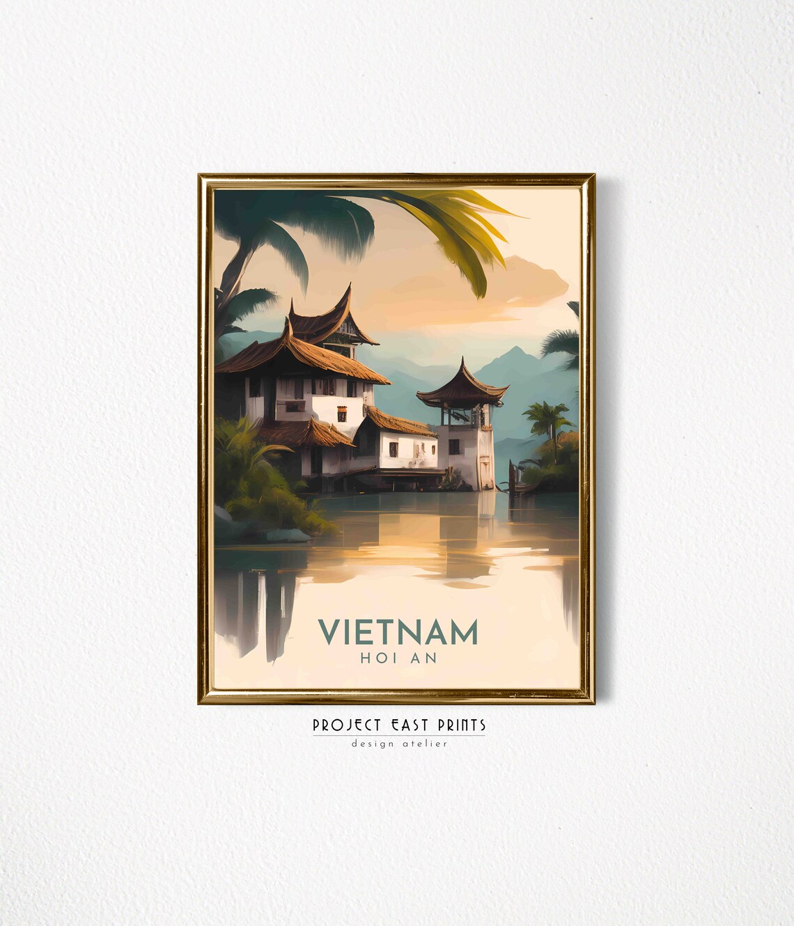 Hoi An Vietnam Riverside Pagoda Houses Golden Hour Travel Poster