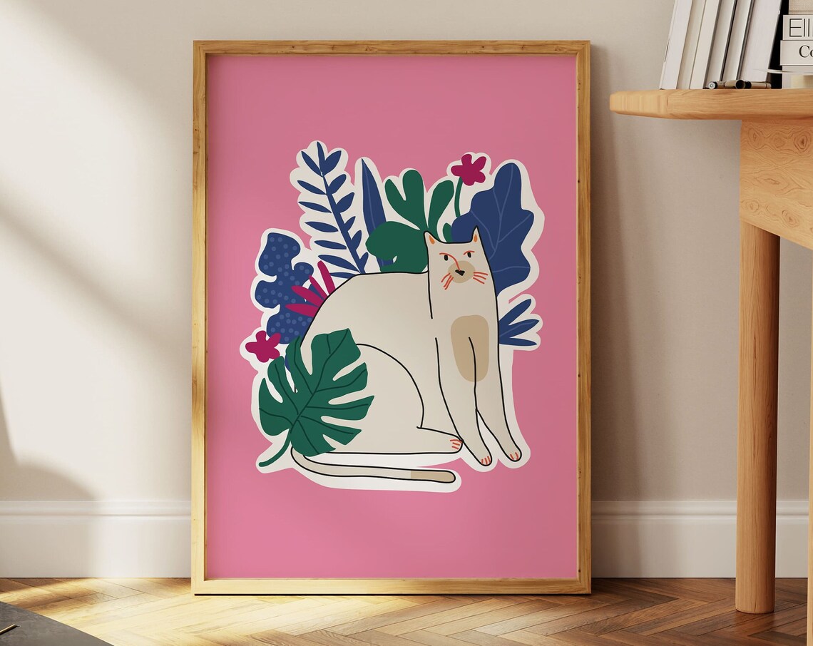 Playful Cat with Tropical Leaves Pink Modern Illustration Cat Poster