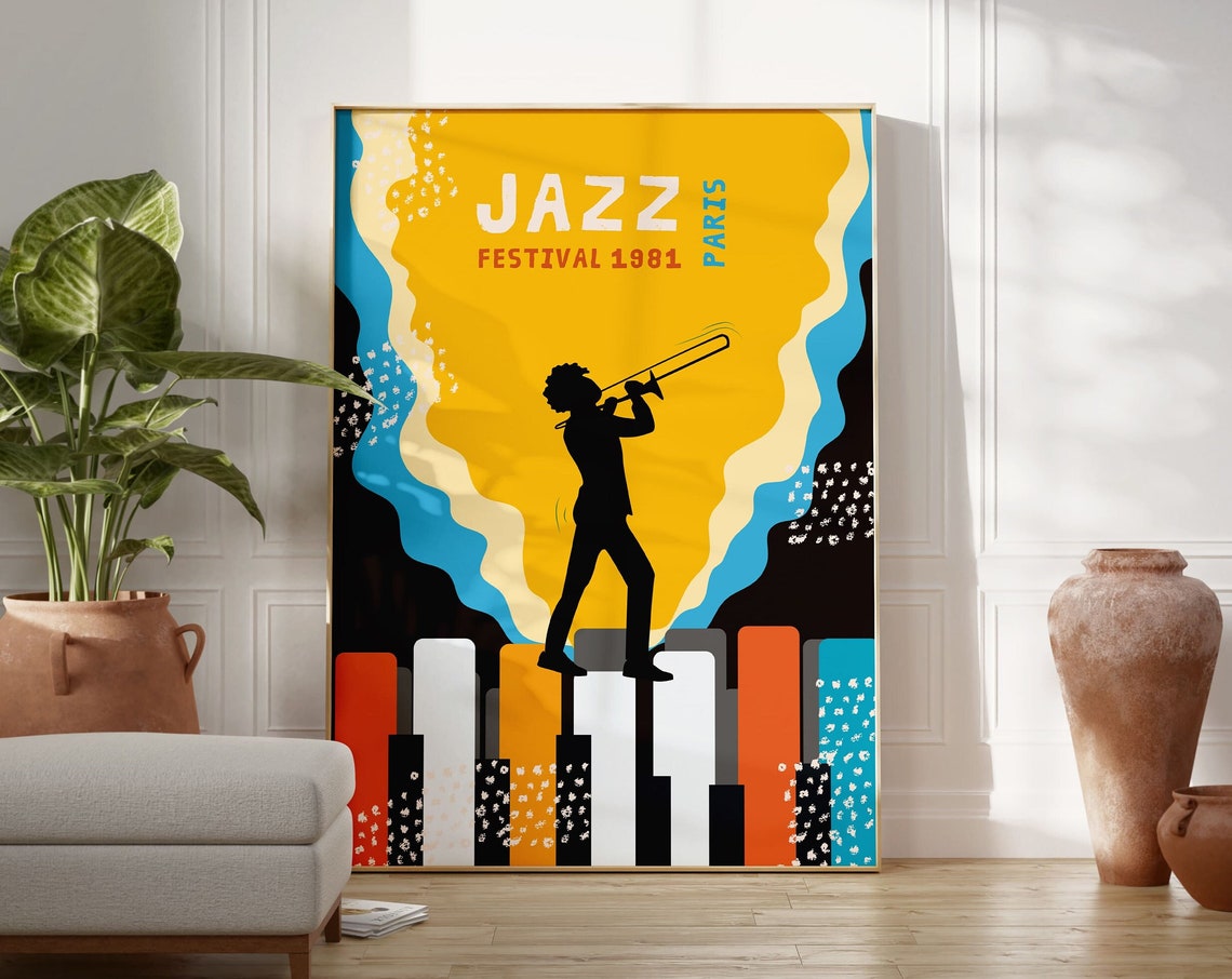 Paris Jazz Festival 1981 Trombone on Piano Keys Retro Music Poster