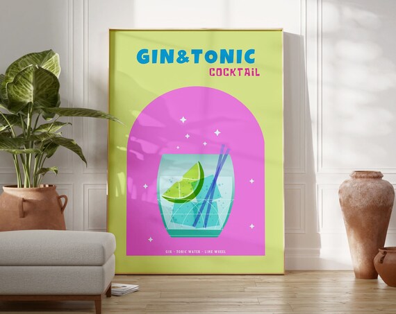 Gin and Tonic Cocktail Recipe Retro Kitchen Bar Cart Art Poster