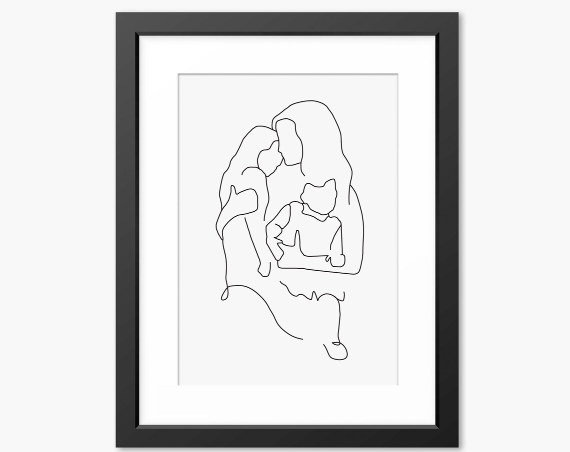 Mother Embracing Two Children Single Line Drawing Family Poster