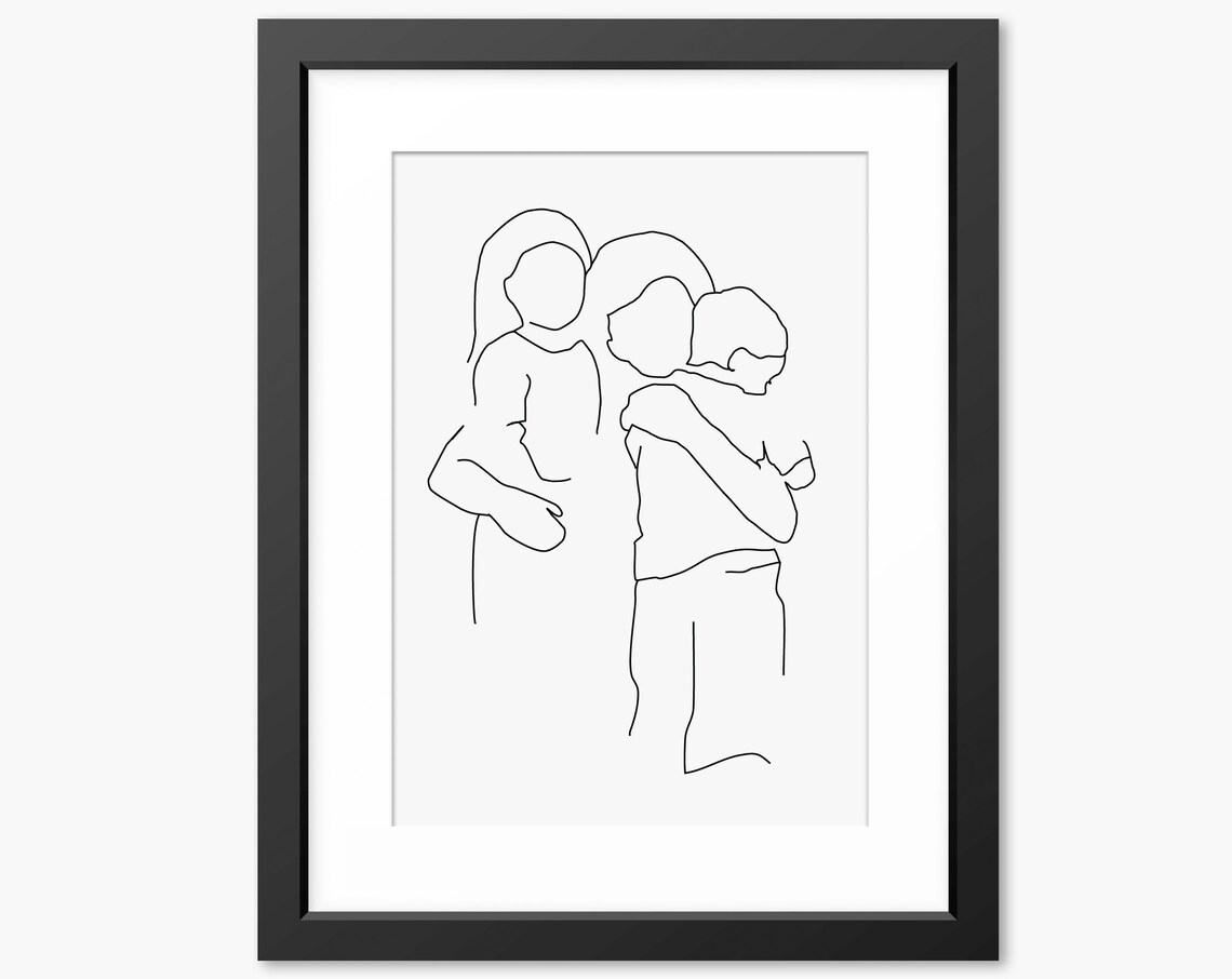 Mother Hugging Two Children Warm Family Line Drawing Art Poster