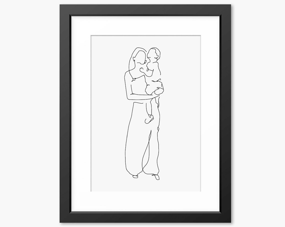 Mother Holding Her Baby Minimalist Continuous Line Art Poster