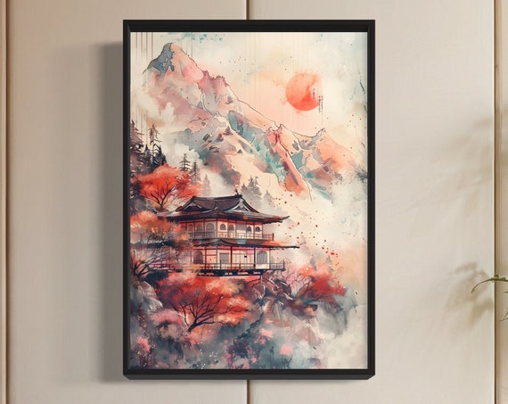 Minka Mount Fuji Art Print Traditional Japanese Architecture Japan Landscape Painting Watercolour Cherry Red Pink Blossoms Drawing Gift