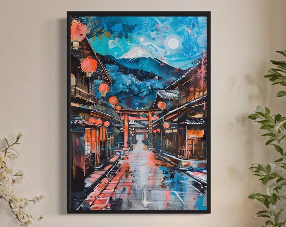 Japan Lantern Town Art Print Majestic Mountain Scene Traditional Japanese Architecture Drawing Wall Decor Mount Fuji Painting Gift For Home