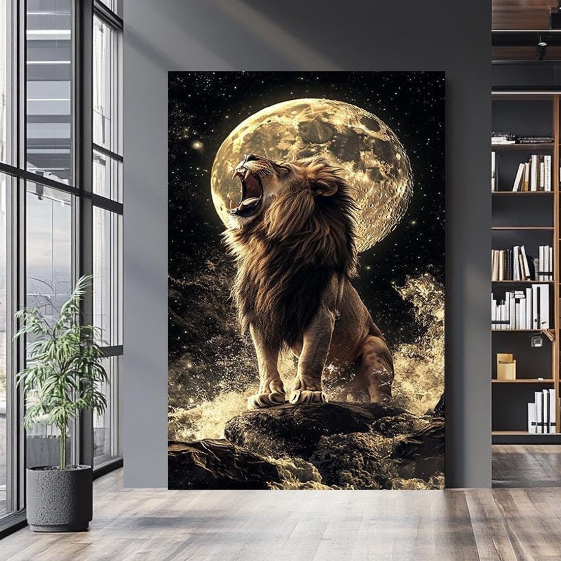 Majestic Roaring Lion Before Giant Full Moon Starry Night Wall Art