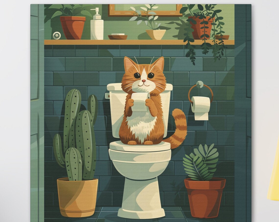 Ginger Cat Sitting On A Toilet Holding Paper Funny Bathroom Poster