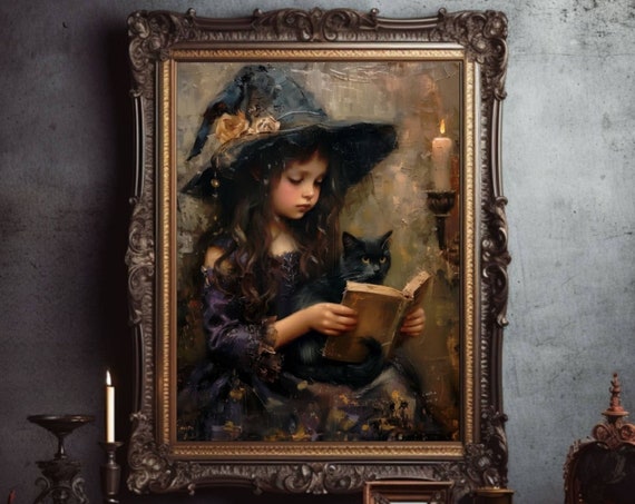 Girl Witch And Black Cat Cat Wall Art Poster Print