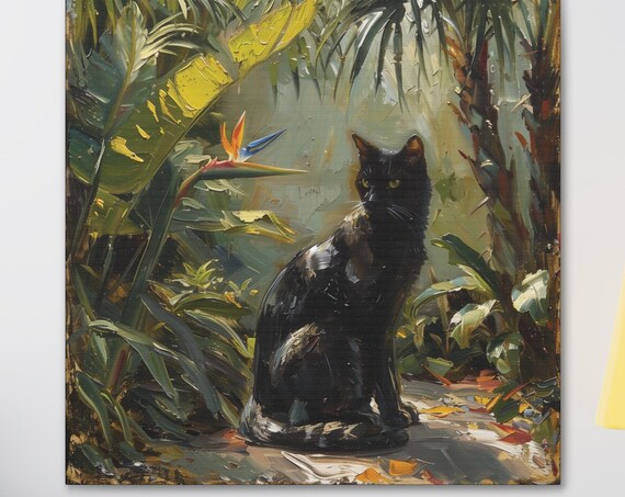 Black Cat in Tropical Garden Bird of Paradise Feline Oil Painting Poster