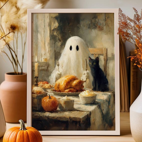 Thanksgiving And Black Cat Poster Spooky Cute Fall Kitchen Wall Art Autumn Decor For Lovers Unframed