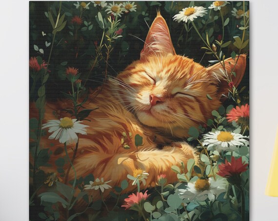 Ginger Cat Sleeping Peacefully Among Sunlit Wildflowers Poster