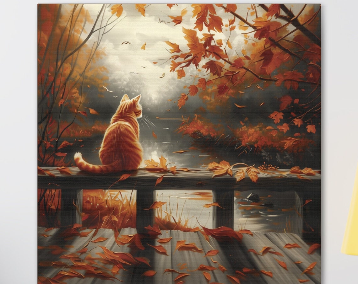 Orange Cat on Autumn Bridge Watching Fall Lake Leaves Painting Poster