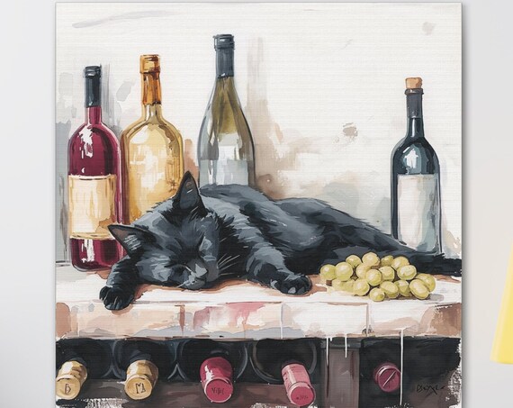 Black Cat Napping on a Wooden Wine Rack Between Bottles Poster
