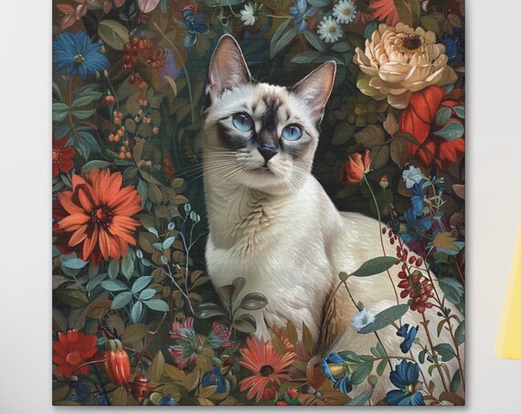 Siamese Cat with Blue Eyes Among Dark Botanical Flowers Poster