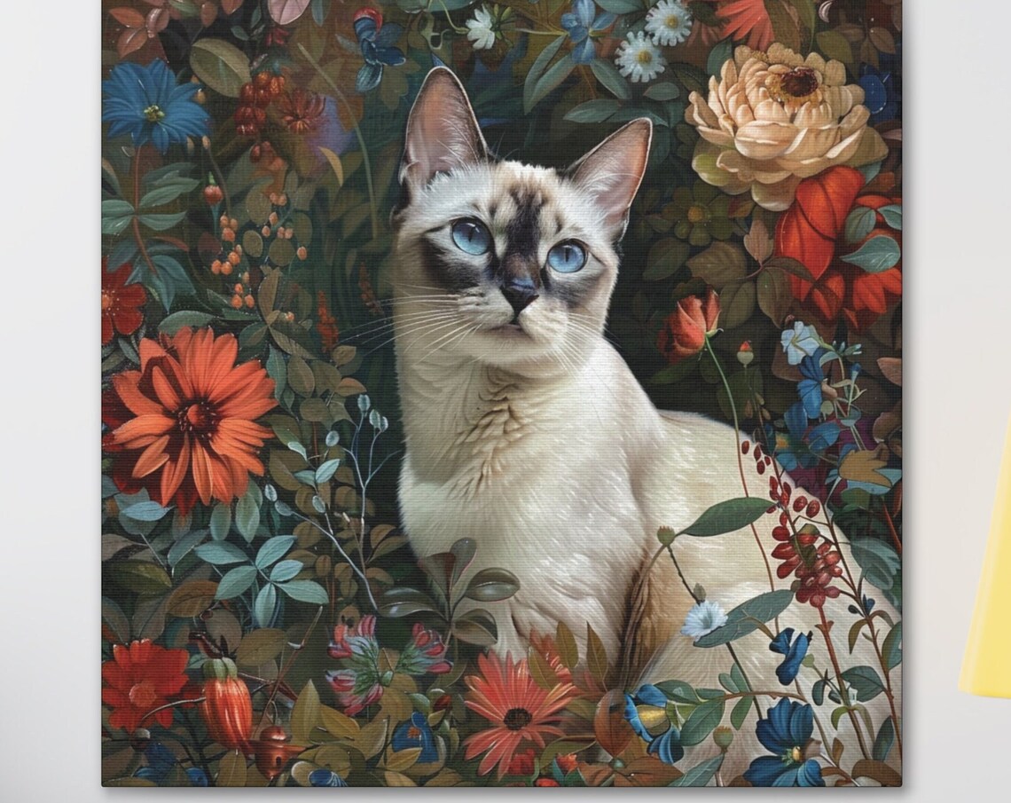 Siamese Cat with Blue Eyes Among Dark Botanical Flowers Poster