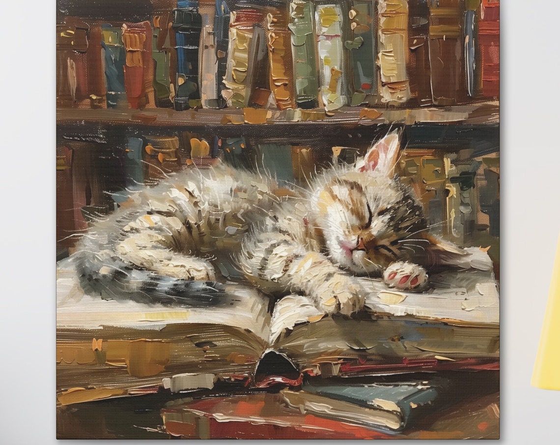 Tabby Kitten Sleeping on Open Book in Library Oil Painting Poster