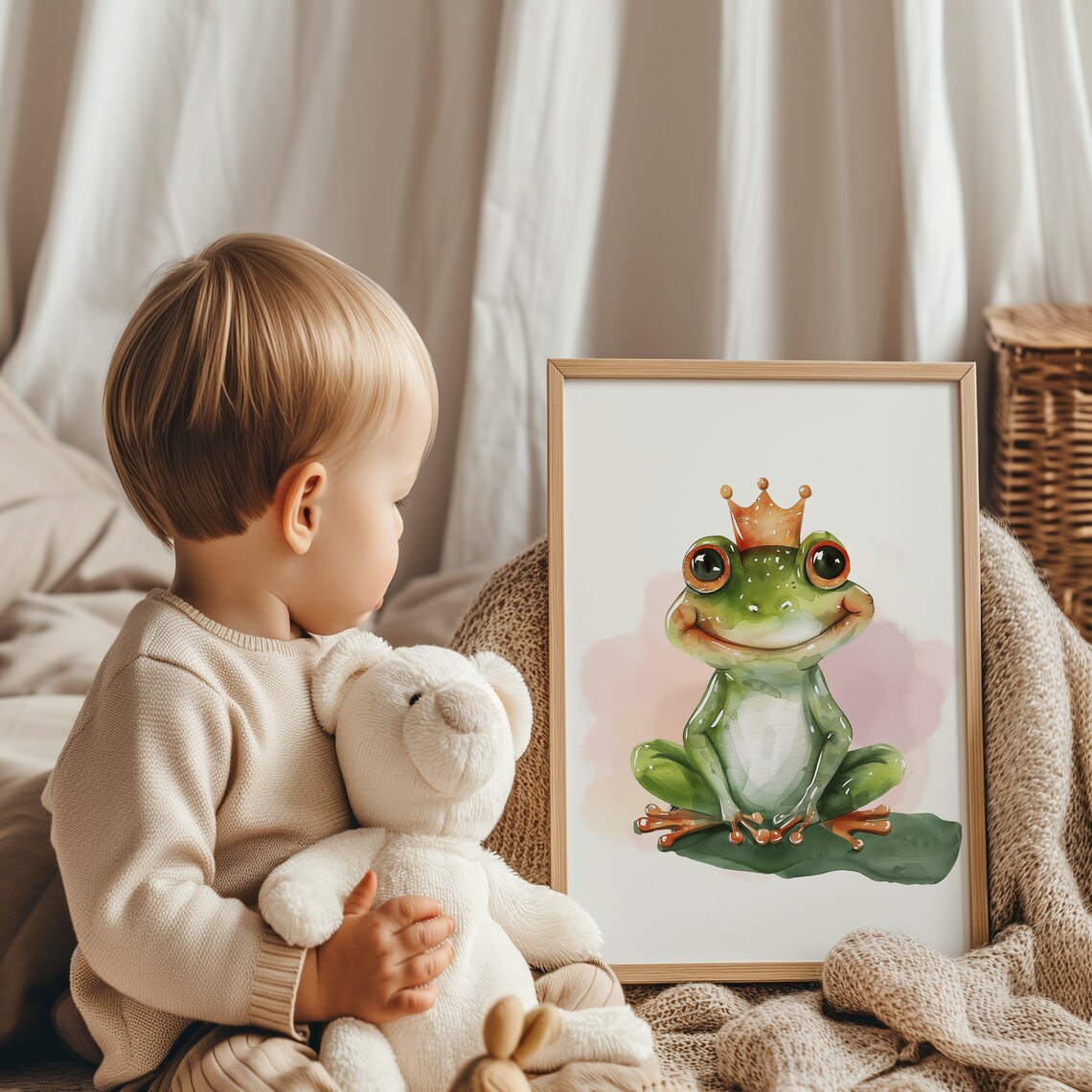 Frog Prince Crown Pastel Watercolor Cute Nursery Kids Room Print - Image 2