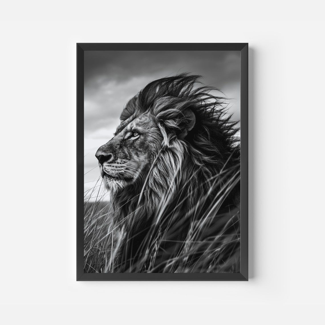 Majestic Black and White Lion Profile Dramatic Wildlife Poster - Image 2