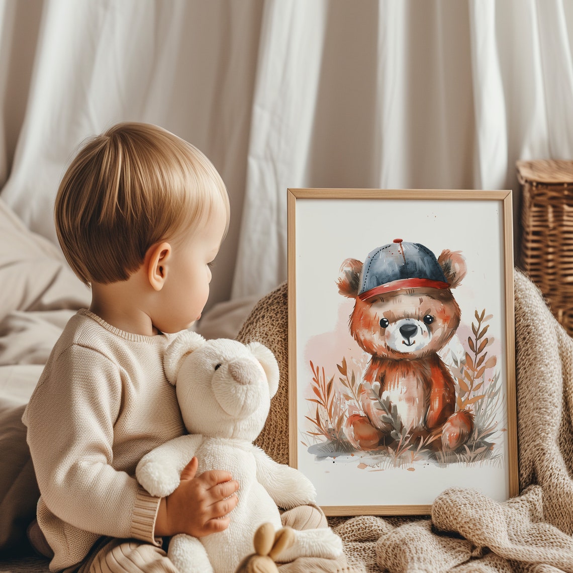 Cute Teddy Bear Wearing Baseball Cap Watercolor Nursery Poster - Image 2