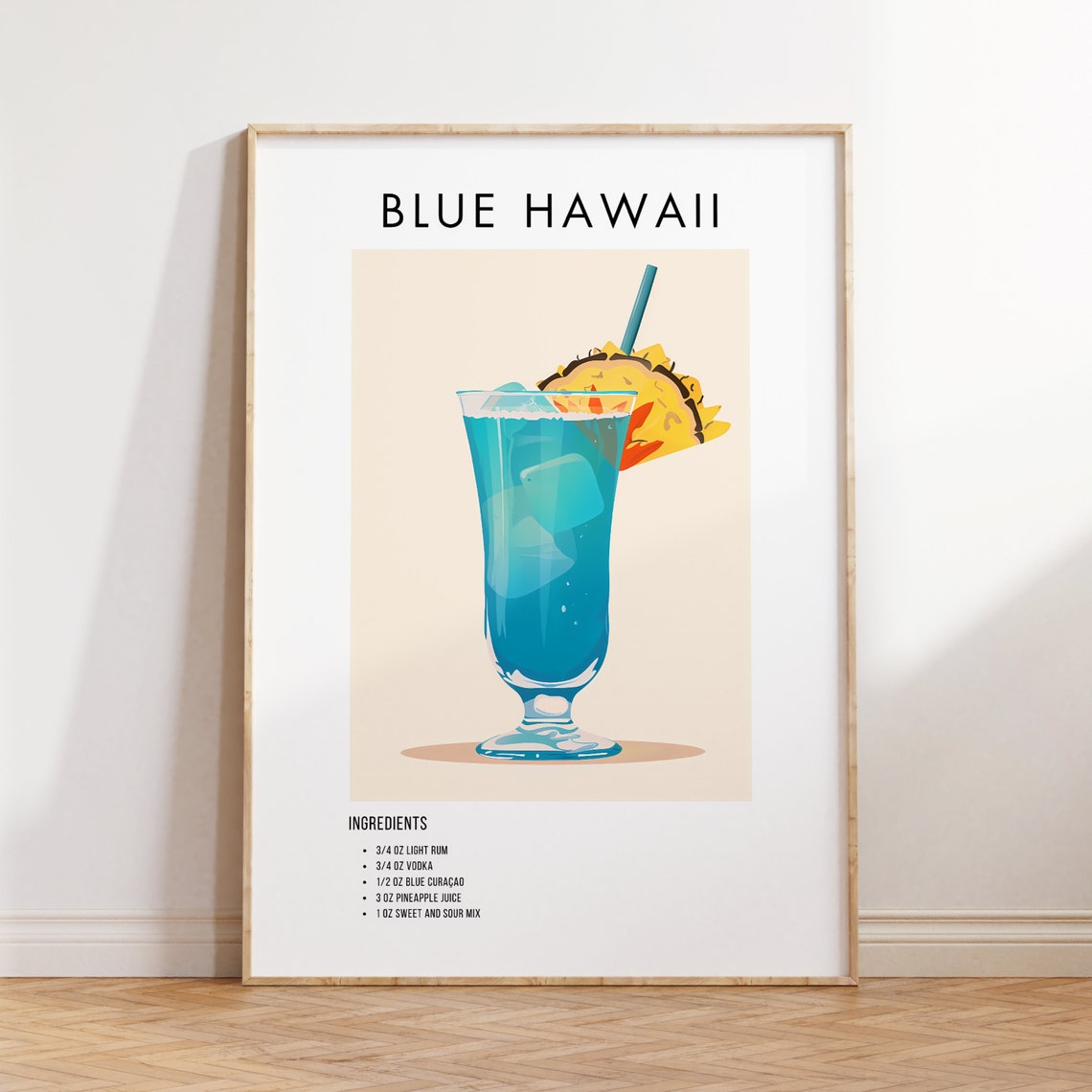 Blue Hawaii Cocktail Recipe Poster Pineapple Rum Drink Kitchen Art