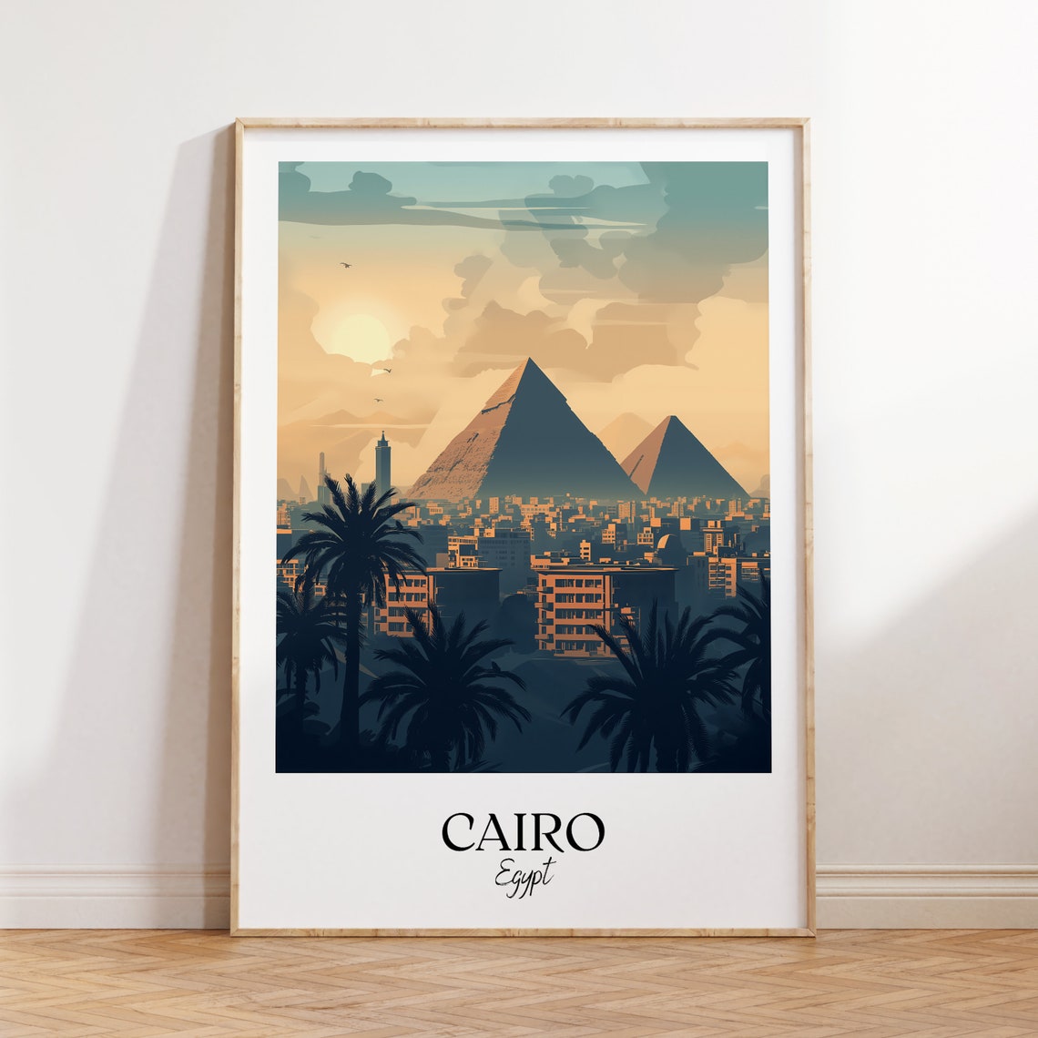 Cairo Egypt Giza Pyramids Sunset Palms City Skyline Travel Poster