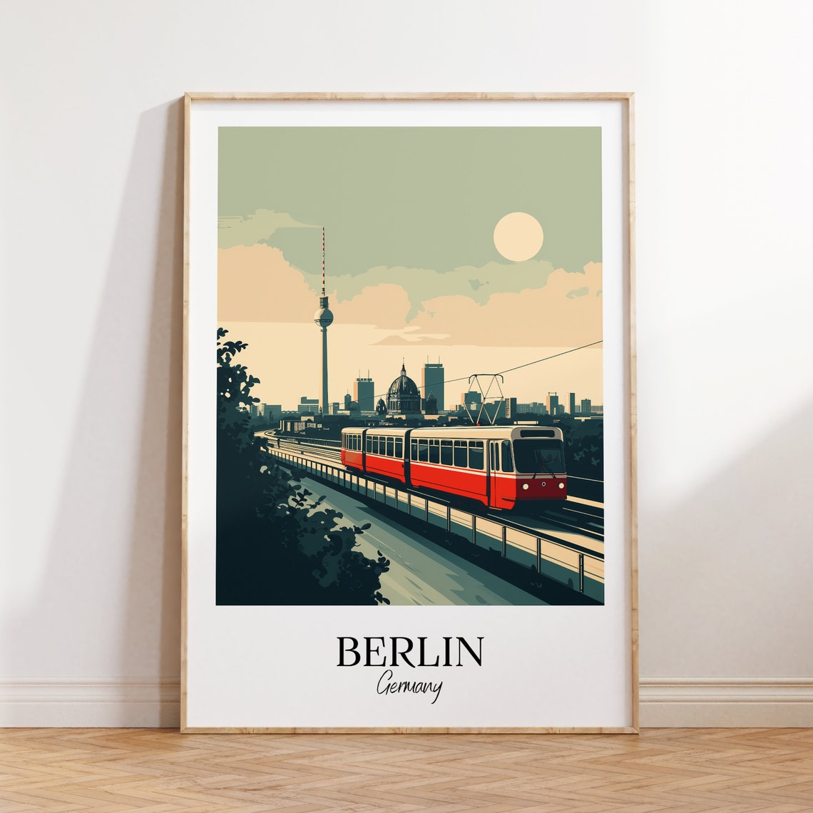 Berlin Germany TV Tower Red Tram Sunset Skyline Retro Travel Poster