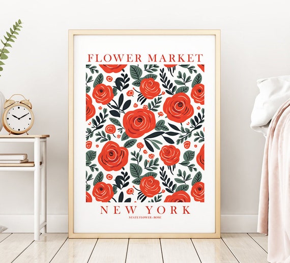 Red Rose New York State Flower Market Botanical Wall Art Ny Matisse Inspired Floral Poster Instant
