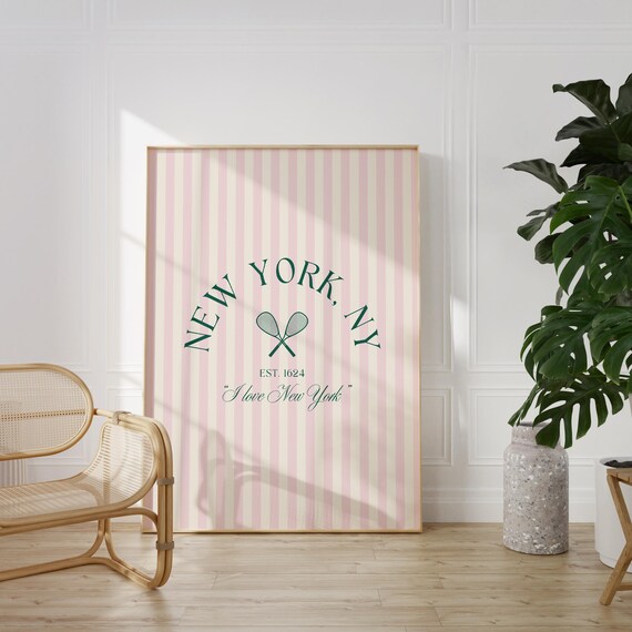 New York NY Tennis Est 1624 Pink Striped Preppy Retro Sports Wall Poster