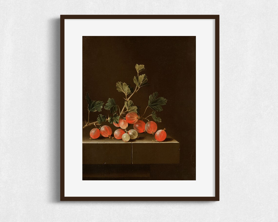 Gooseberries Still Life Moody Antique Fruit Oil Painting Art Print - Image 2