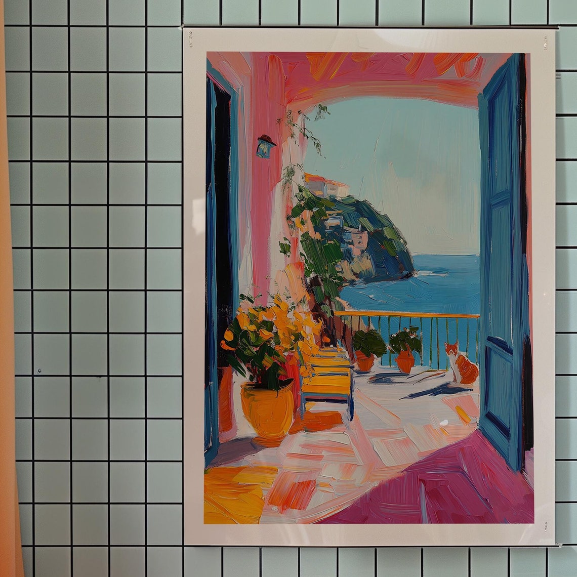 Sunny Balcony Sea View Painting Orange Cat Coastal Terrace Poster