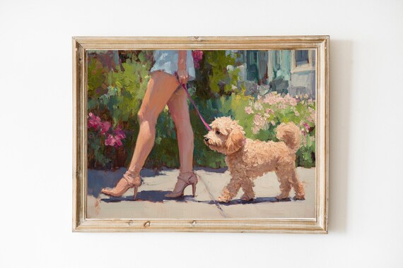 Woman Walking Fluffy Dog Impressionist City Street Painting Poster