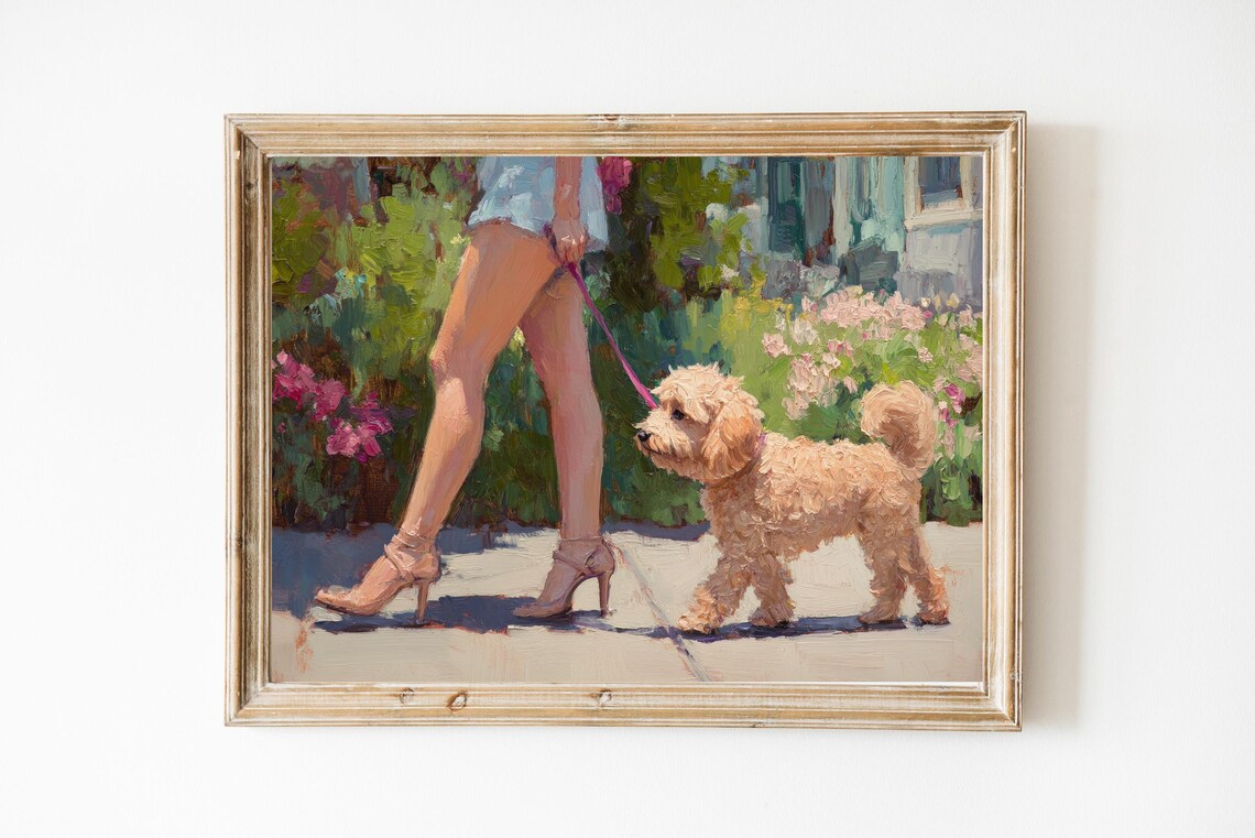 Woman Walking Fluffy Dog Impressionist City Street Painting Poster