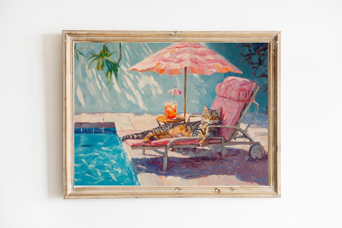 Tabby Cat Lounging Poolside With Tiki Cocktail Painting Art Poster