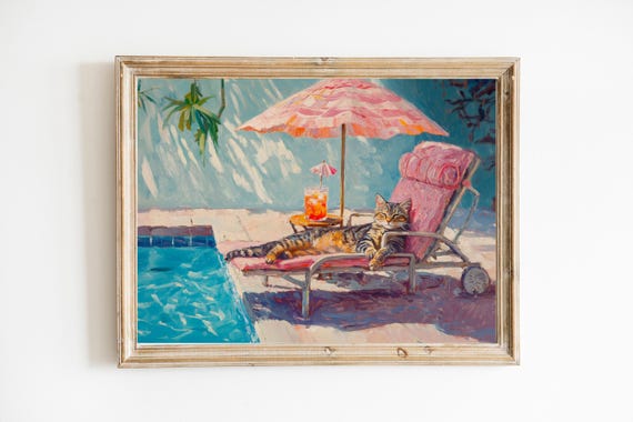 Tabby Cat Lounging Poolside With Tiki Cocktail Art Print Cute Quirky Whimsical Bar Cart Decor Fine Gift