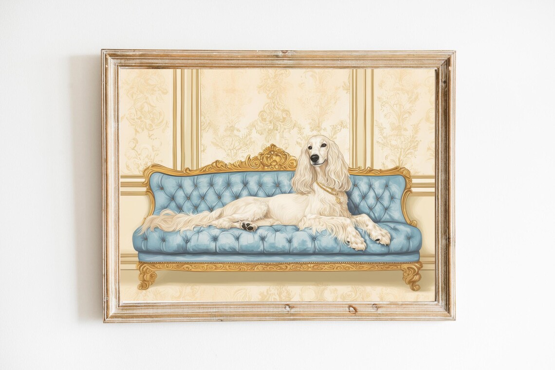 Regal Afghan Hound on Blue Chaise Lounge Whimsical Dog Art Poster