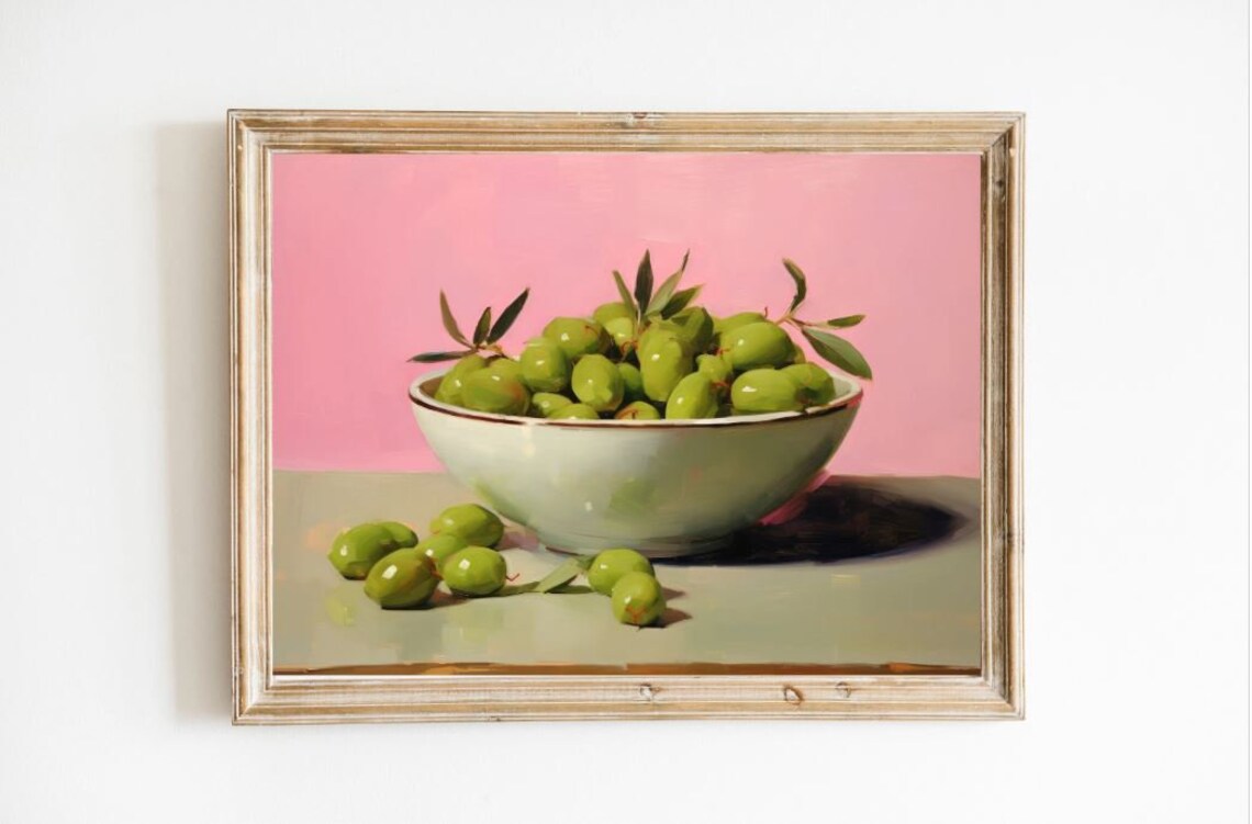 Green Olive Bowl Still Life Pink Oil Painting Poster Kitchen