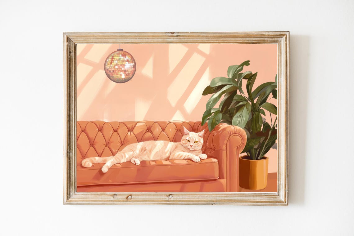 Ginger Cat Disco Ball Orange Couch Funny Retro Cat Painting Poster