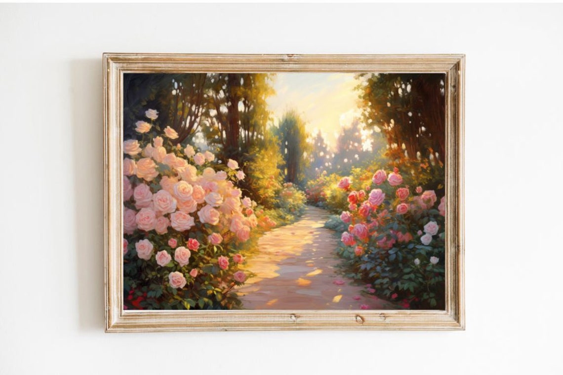 Vintage Rose Garden Path Oil Painting Style Impressionist Print