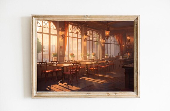 French Cafe Interior Golden Hour Warm Oil Painting Art Print