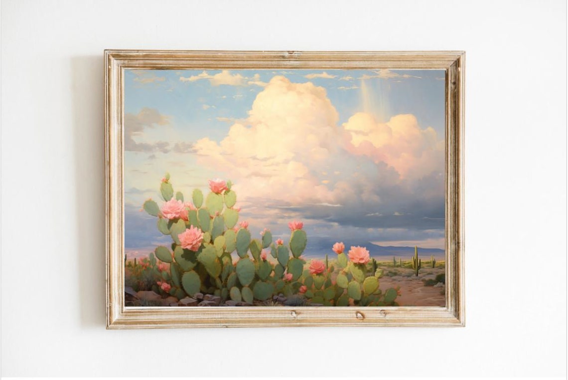 Blooming Prickly Pear Cactus Dramatic Clouds Oil Painting Poster