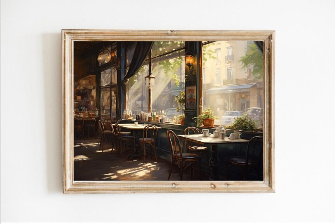 Vintage French Cafe Interior Morning Light Oil Painting Poster