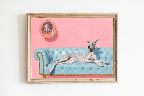 Greyhound Dog With Disco Ball Art Print Cute Quirky Whimsical Cocktail Bar Cart Decor Fine Gift Trendy Wall
