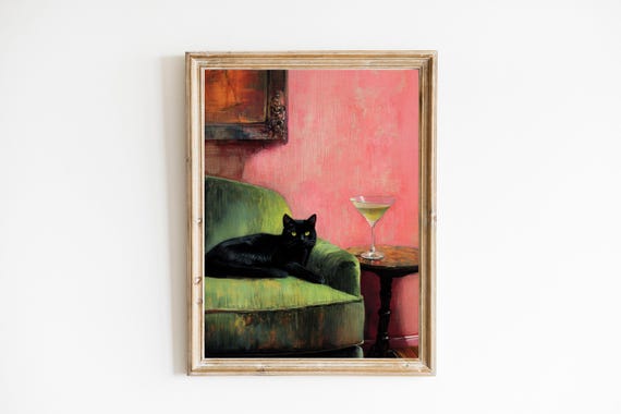 Black Cat With Art Print Cute Quirky Whimsical Cocktail Bar Cart Decor Fine Gift Trendy Home Wall