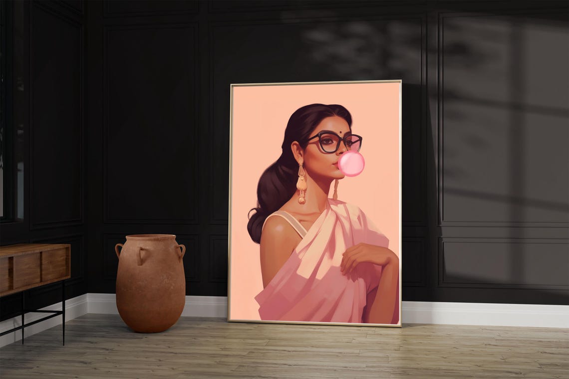 Woman In Saree Blowing Bubblegum Bold Pop Art Portrait Poster Decor