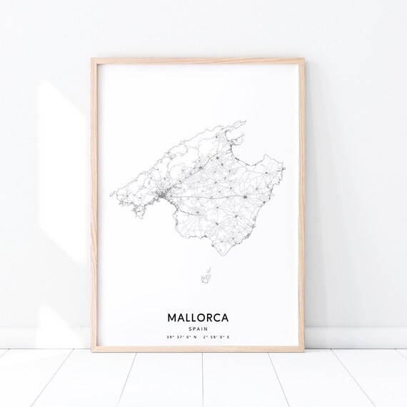 Mallorca Map Print, Black White Minimalist Travel Poster