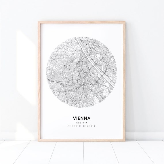 Vienna Map Print Austria Art Poster City Street Road Black White Modern Minimalist Home Office Decor