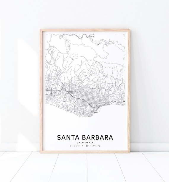 Santa Barbara California City Street Road Map Black White Line Art Poster