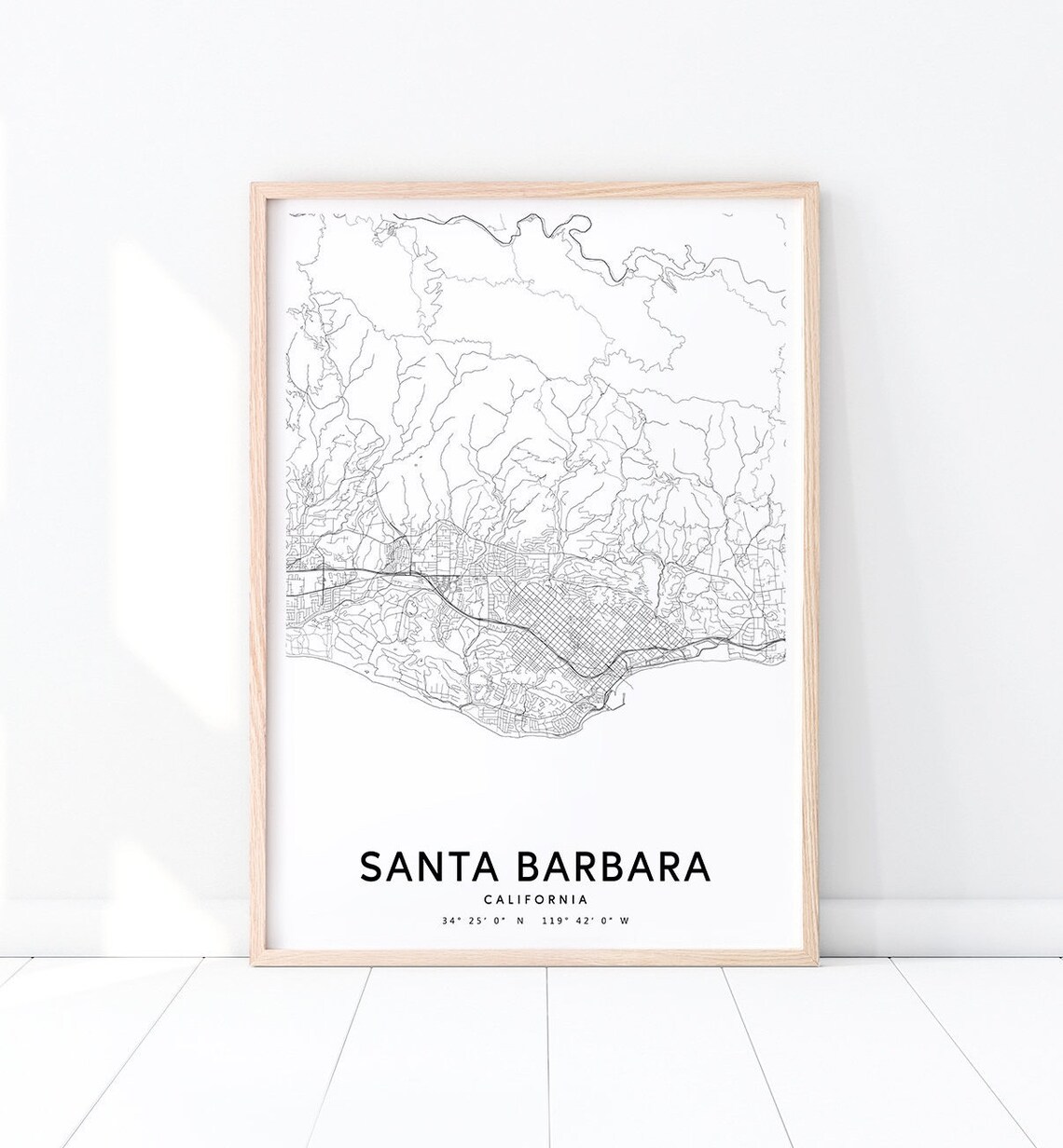 Santa Barbara California City Street Road Map Black White Line Art Poster