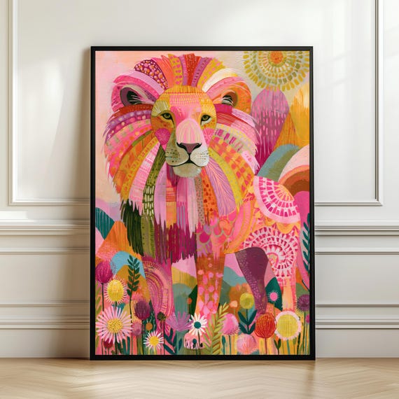 Colorful Landscape Lion Wall Art Vibrant Floral Painting Folk Print Boho Maximalist Decor Lover Gift Digital Download
